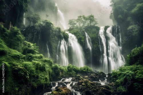 mesmerizing panoramic shot of a majestic waterfall surrounded by lush greenery  with water cascading down rocks and creating a misty atmosphere  evoking a sense of wonder and awe