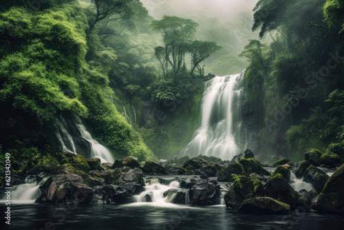 mesmerizing panoramic shot of a majestic waterfall surrounded by lush greenery, with water cascading down rocks and creating a misty atmosphere, evoking a sense of wonder and awe