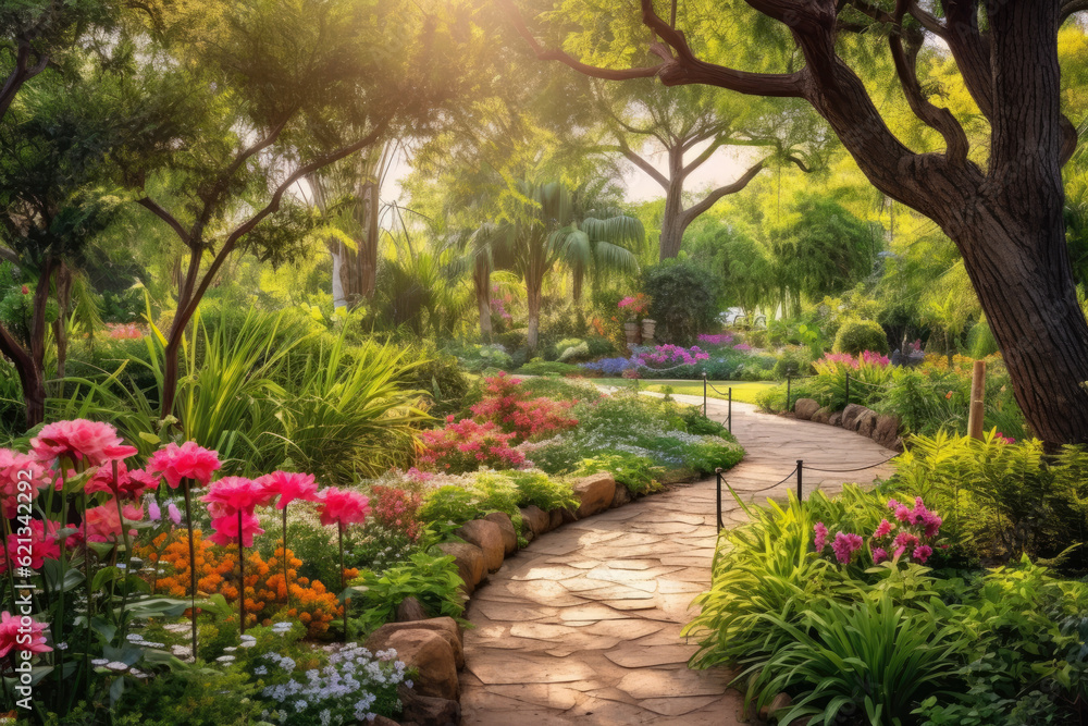 panoramic view of a vibrant botanical garden, with colorful flowers, lush greenery, and meandering pathways, creating a peaceful and enchanting oasis of natural beauty