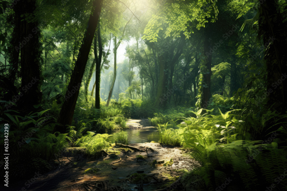 Obraz premium panoramic view of a tranquil forest glade, with sunlight filtering through the canopy, lush vegetation, and a sense of serenity that invites quiet contemplation