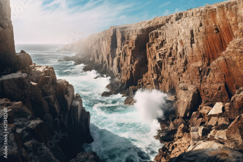 stunning panoramic shot of a picturesque coastal cliff  with rugged rock formations  crashing waves  and a vast expanse of ocean  capturing the raw beauty and power of the seaside