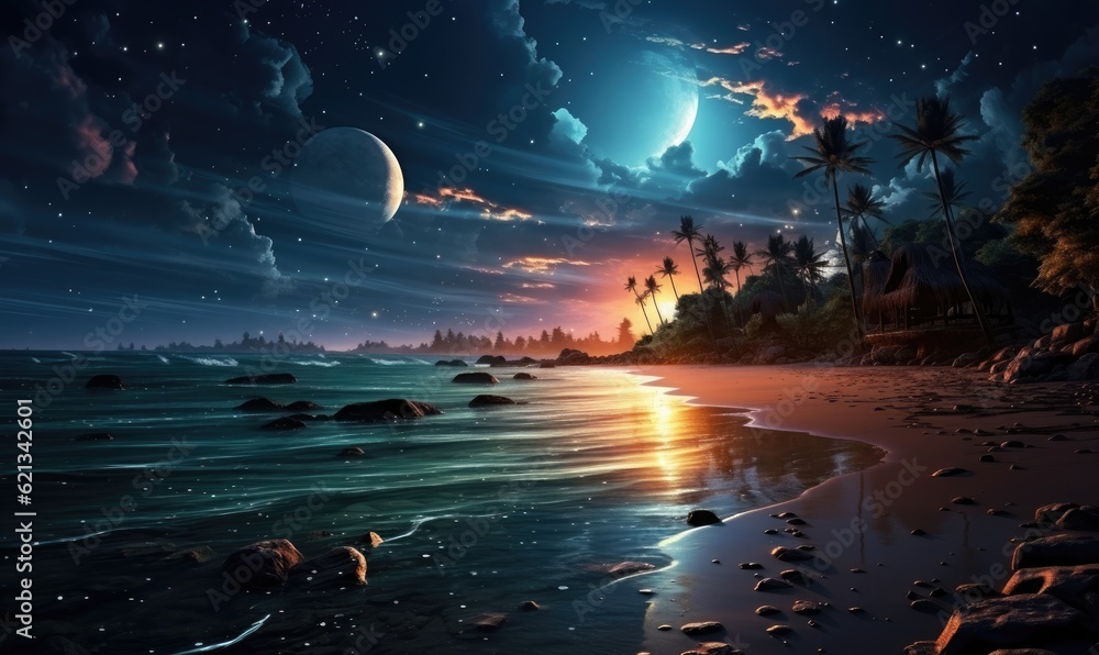 Fantasy tropical sea beach, Full moon with star over seascape in night skies, generative AI