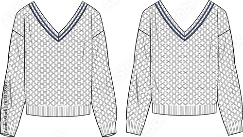Women's Cable V-Neck Sweater. Technical fashion illustration. Front and back, white color. Women's CAD mock-up.