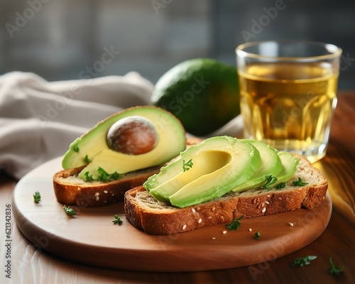 Tasty sandwiches with avocado on wooden board, closeup. Healthy breakfast. Generative AI.