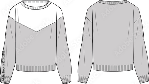 Women's Chevron Colour-block Sweater- Technical fashion illustration. Front and back, grey. Women's CAD mock-up.