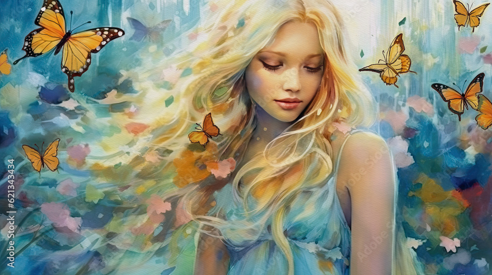 Girl and butterflies, freedom concept watercolor illustration, generative ai Girl and butterflies, freedom concept watercolor illustration, generative ai