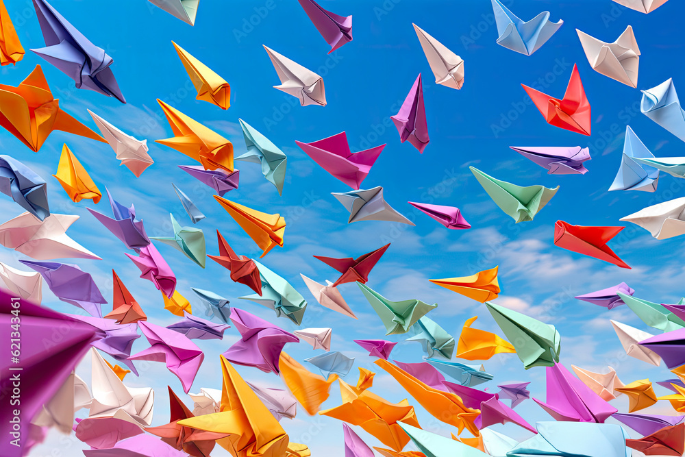 Obraz premium cascade of vibrant paper planes soaring through the sky, representing freedom and boundless imagination
