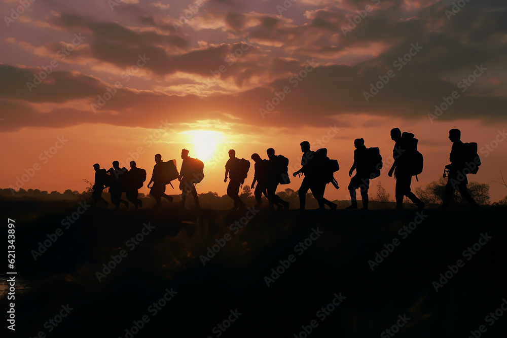 Silhouette Of Refugees People With Barbed Wire Generative AI
