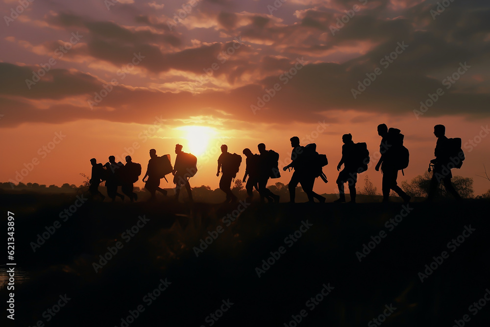Silhouette Of Refugees People With Barbed Wire Generative AI Silhouette Of Refugees People With Barbed Wire Generative AI