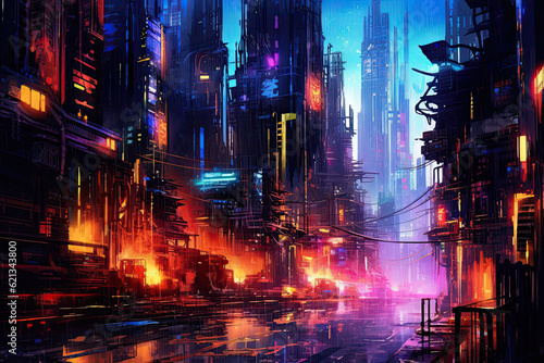 symphony of neon lights and futuristic elements, illuminating a cyberpunk-inspired abstract cityscape