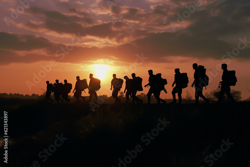 Silhouette Of Refugees People With Barbed Wire Generative AI © Serhan