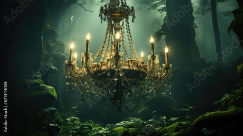 Fotografie, Obraz Surreal shot, a lone chandelier hanging in a foggy forest