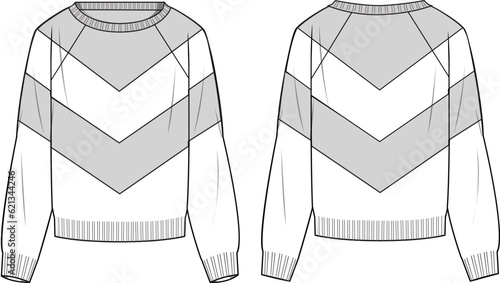 Women's Chevron Colour-block Sweater- Technical fashion illustration. Front and back, white. Women's CAD mock-up.
