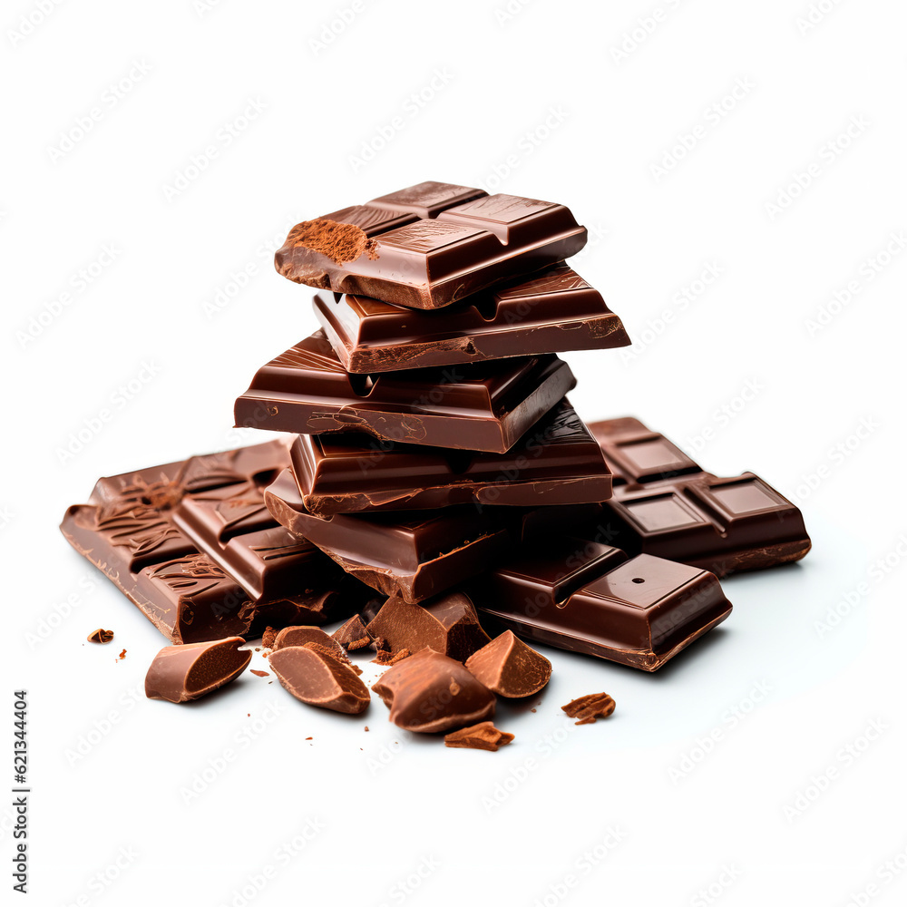 pieces of chocolate bars in the center, white background. Generative AI. pieces of chocolate bars in the center, white background. Generative AI.