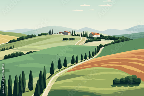 Landscape in Tuscany illustration, Italian landscapes, panoramic countryside farmland vector illustration photo