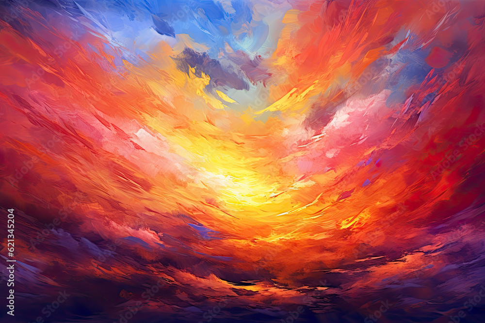 burst of fiery colors spreading across the sky in an abstract sunset, igniting a sense of warmth and tranquility
