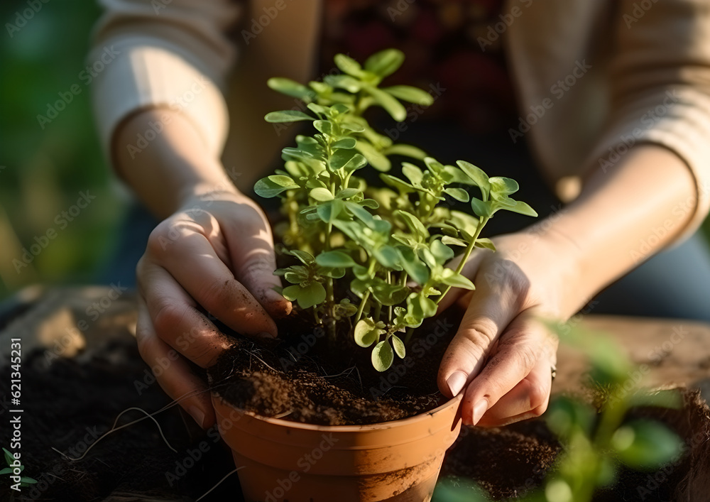 Closeup of woman's hands planting flowers in pot at sun light in her home garden helping with a trowel. Gardener woman planting flowers in the garden at sunny morning Closeup of woman's hands planting flowers in pot at sun light in her home garden helping with a trowel. Gardener woman planting flowers in the garden at sunny morning