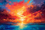 burst of fiery colors spreading across the sky in an abstract sunset, igniting a sense of warmth and tranquility
