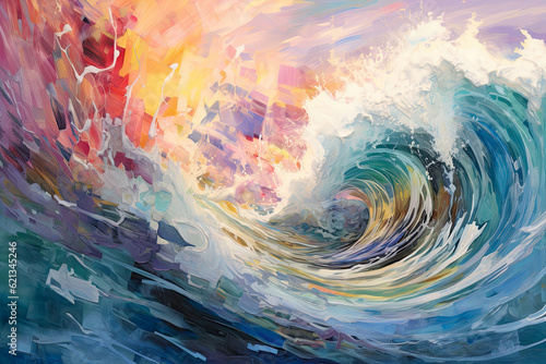 symphony of abstract waves crashing against vibrant shores, reflecting the power and beauty of the ocean