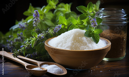 Put natural sweetener stevia from a pile into a spoon, generative AI