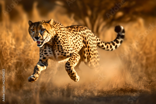 Adult cheetah running at full speed while chasing down wildebeest calf