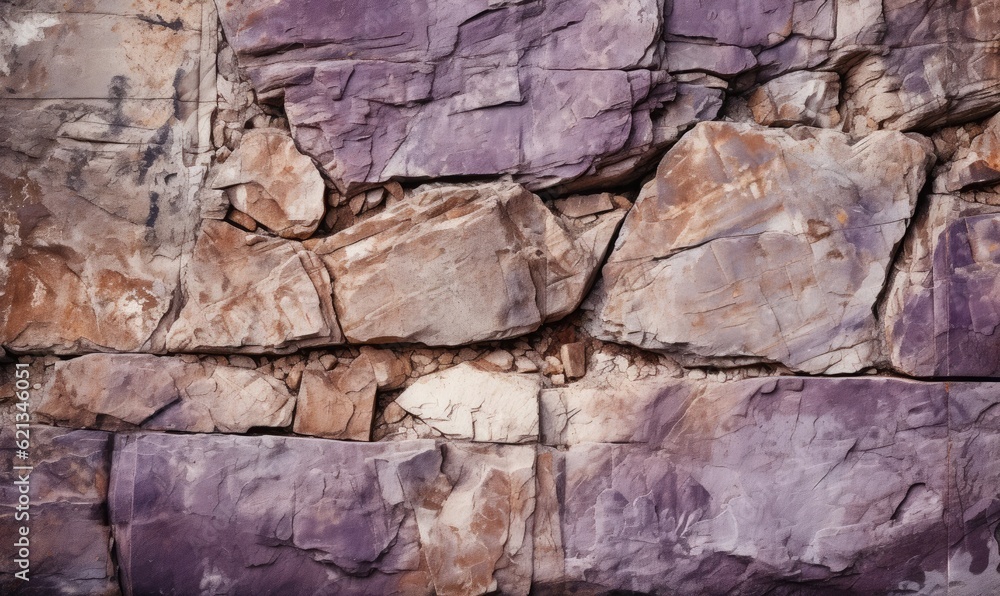 Textured background of rough uneven surface of brown and purple stone wall with cracks, generative AI Textured background of rough uneven surface of brown and purple stone wall with cracks, generative AI