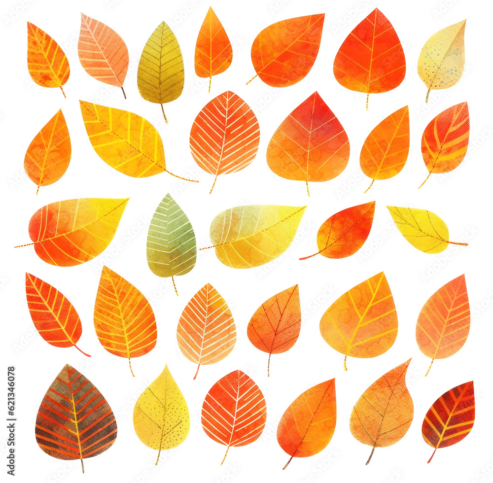 Obraz premium Watercolor fall leaves in rich autumnal colors isolated on white background
