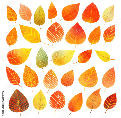Watercolor fall leaves in rich autumnal colors isolated on white background