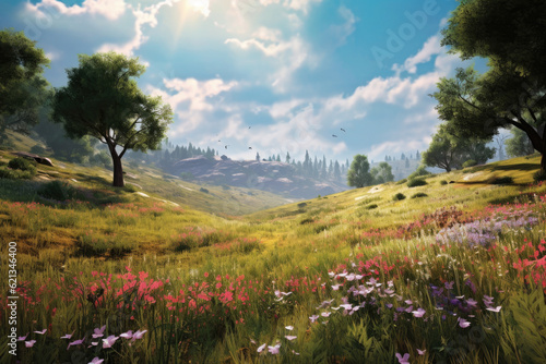 Whispering Meadows: serene panorama of gently swaying meadows adorned with vibrant wildflowers, where the soft breeze carries the whispers of nature's secrets