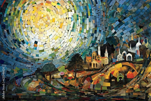 Artistic Collage Mosaic  captivating panorama created through an artistic collage of mosaic pieces  blending together an array of colors  textures  and imagery