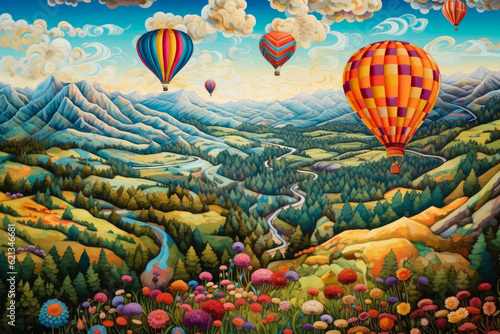 Whimsical Balloon Adventure: whimsical panorama featuring a hot air balloon adventure in a fantastical world, with colorful balloons soaring above whimsical landscapes