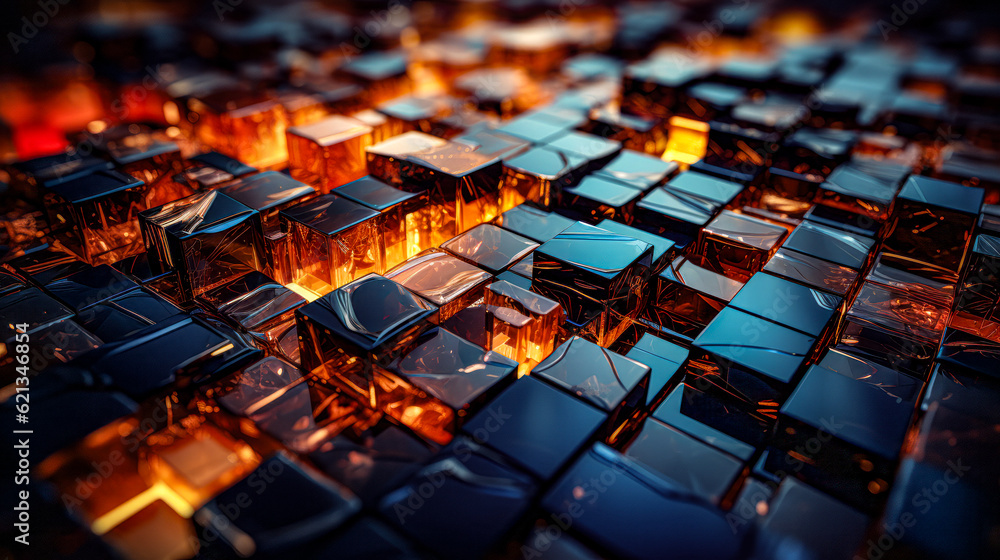 Obraz premium Cracked wall with a bright fire inside, abstract background. Futuristic abstract background with low poly shapes, glowing particles. Abstract falling apart shattered black rock wallpaper explosion.