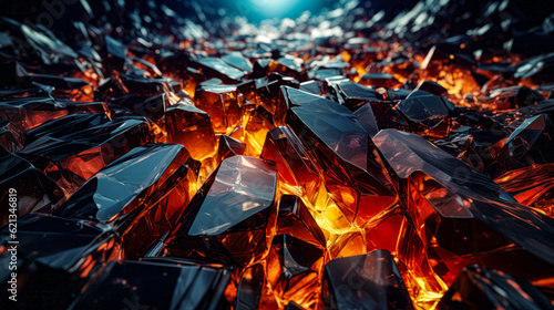 Abstract falling apart shattered black rock wallpaper explosion. Futuristic abstract background with low poly shapes, glowing particles. Cracked wall with a bright fire inside, abstract background.
