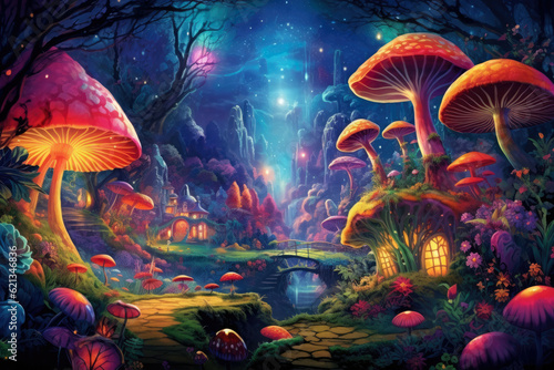 Enchanted Rainbow Forest: magical panorama of a whimsical forest, where vibrant rainbows arch across the sky, and colorful flora and fauna create an enchanting woodland realm © aicandy