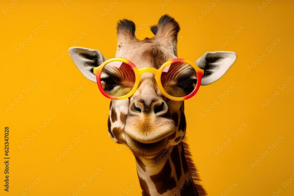 This quirky giraffe in sunglasses is a fashion statement in the wild. A fun and unique portrait to add to your collection. AI Generative.
