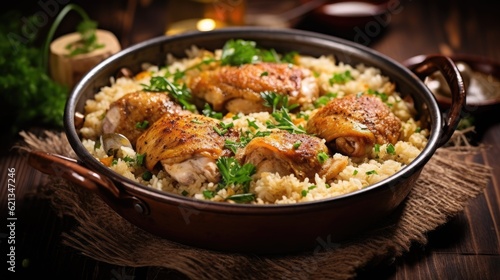 Chicken thighs with couscous and rice on a wooden background
