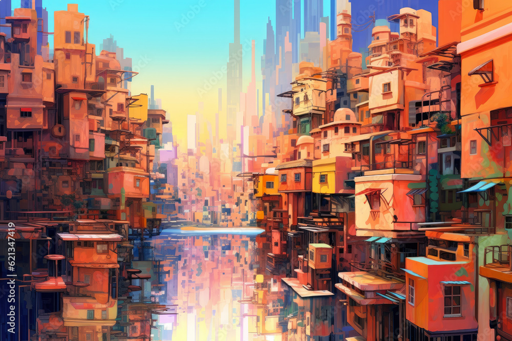 Obraz premium Surreal City Mirage: surreal panorama where reality and illusion blend, creating a mirage-like cityscape with distorted perspectives, vibrant colors, and a sense of mystery