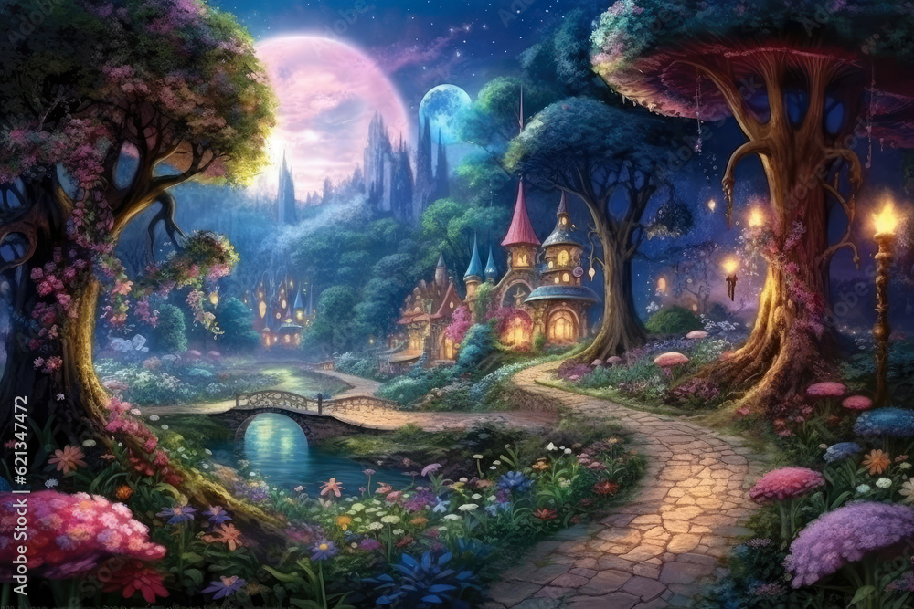 Enchanted Moonlit Garden: magical panorama of a moonlit garden, where delicate flowers bloom under the shimmering moonlight, and fairies dance amidst a gentle breeze
