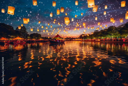Floating Lantern Festival: magical panorama capturing the beauty of a floating lantern festival, with colorful lanterns illuminating the night sky and reflecting on tranquil waters