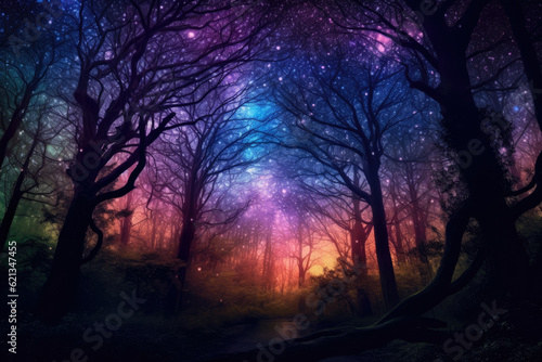 Mystical Starry Forest: mesmerizing panorama of a starlit forest, where sparkling stars illuminate the mysterious woods, and a sense of enchantment fills the air