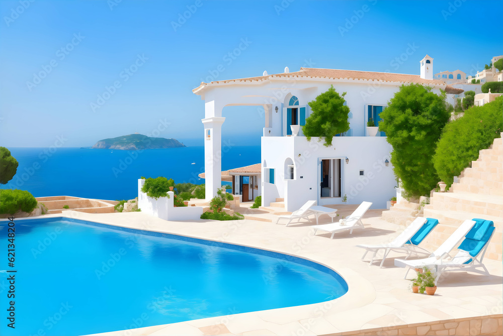 Fototapeta premium Traditional Mediterranean white house with pool on a hill with stunning sea view. Summer vacation background