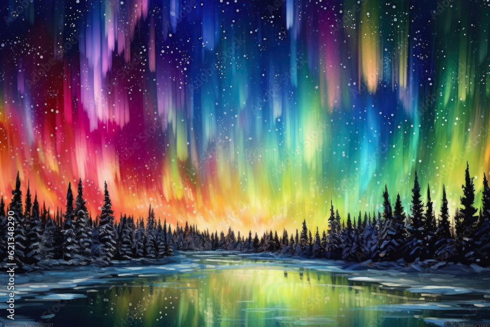 Aurora Borealis Spectacle: mesmerizing panorama showcasing the dancing ribbons of the Northern Lights against a star-studded night sky, painting the horizon with vibrant hues