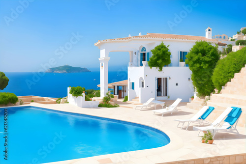 Traditional Mediterranean white house with pool on a hill with stunning sea view. Summer vacation background © Asiri