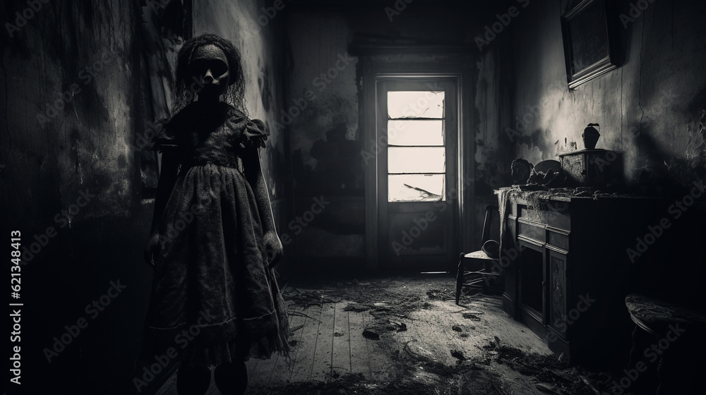 Inside view of haunted house showing silhouette of creepy horror doll in abandoned chamber with broken furniture. Concept of supernatural. Generative AI. Inside view of haunted house showing silhouette of creepy horror doll in abandoned chamber with broken furniture. Concept of supernatural. Generative AI.
