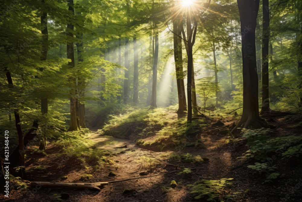 Naklejka premium Whispering Woods: serene panorama of a mystical forest with sun rays filtering through the canopy, creating a play of light and shadows amidst an array of vibrant foliage