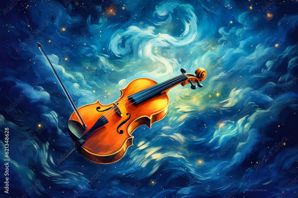 Starry Symphony: mesmerizing panorama of a celestial orchestra, where stars twinkle like musical notes, forming constellations against a cosmic backdrop