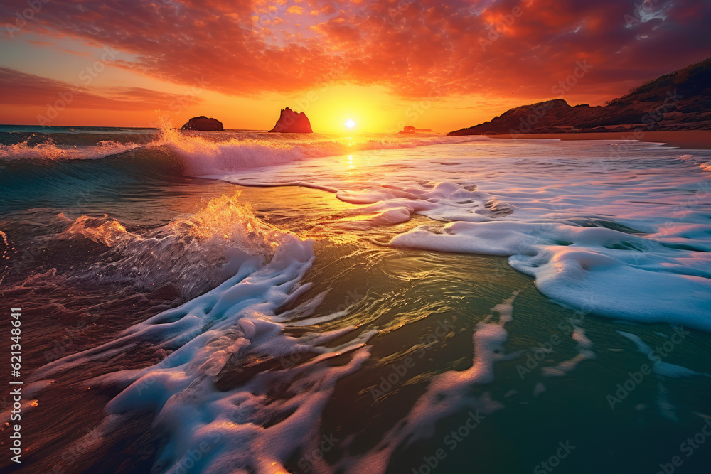 Oceanic Rhapsody: breathtaking panorama of the ocean with a stunning sunset, crashing waves, and a vibrant display of colors reflecting on the water