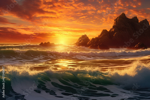 Oceanic Rhapsody: breathtaking panorama of the ocean with a stunning sunset, crashing waves, and a vibrant display of colors reflecting on the water