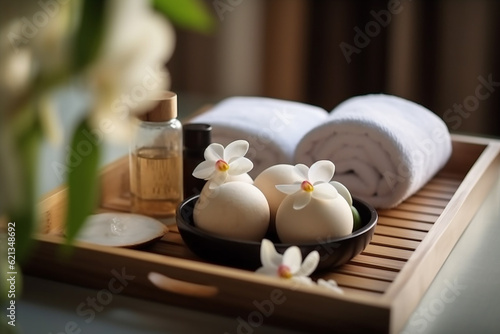 Thai Massage Spa Therapy with Herbal Towel Compress Ball, Coconut Oil, Perfume, Cosmetics, and Plumeria Flower on Massage Bed Created with generative AI tools