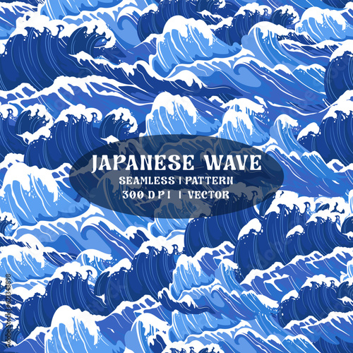 seamless ocean waves pattern. Japanese Sea wave blue background, wind storm surf water hand drawn vector illustration	